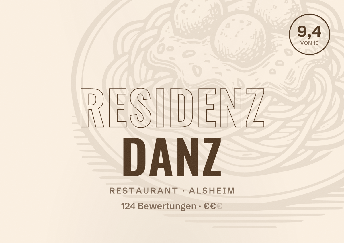 Illustriertes Poster von Residenz Danz, Restaurant in Alsheim: Bewertung 9,4 von 10 aus 124 Bewertungen, Preisniveau €€