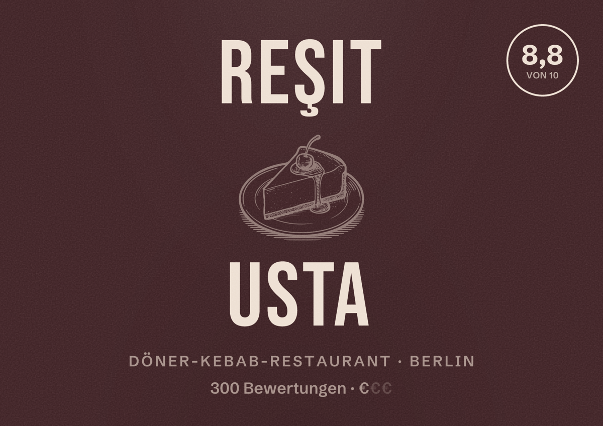 Illustriertes Poster von Reşit Usta, Döner-Kebab-Restaurant in Berlin: Bewertung 8,8 von 10 aus 300 Bewertungen, Preisniveau €