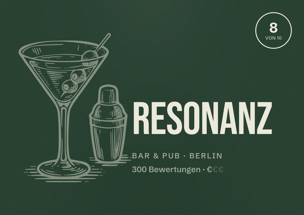 Illustriertes Poster von Resonanz, Bar & Pub in Berlin: Bewertung 8,0 von 10 aus 300 Bewertungen, Preisniveau €