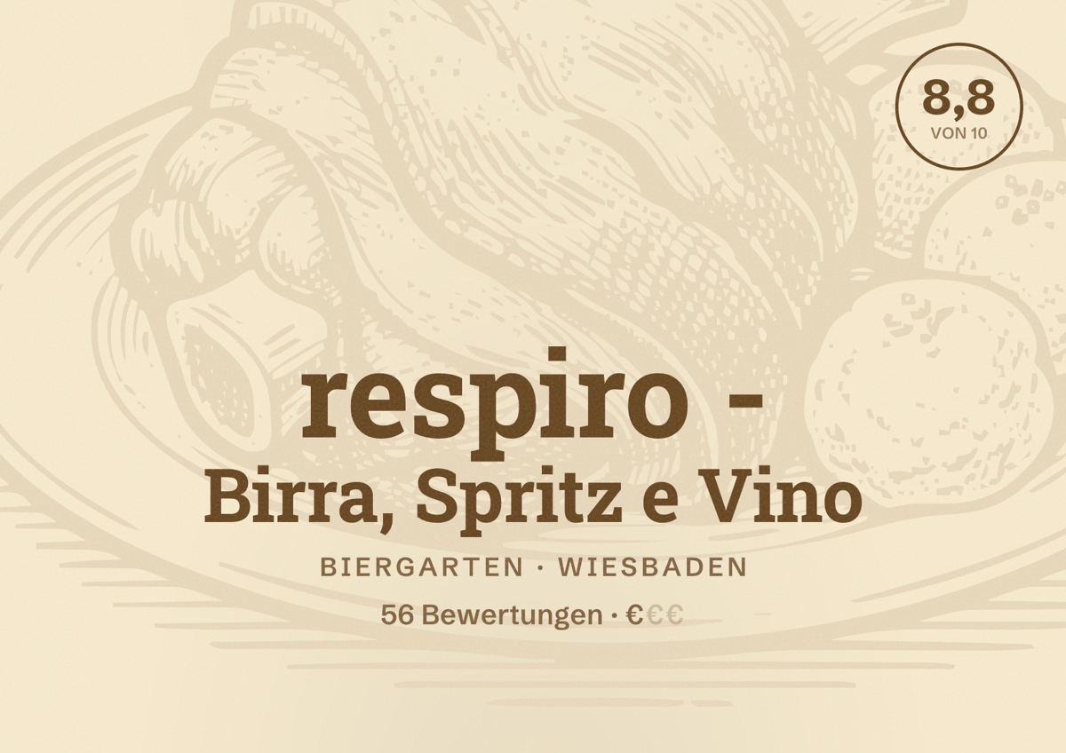 Illustriertes Poster von respiro - Birra, Spritz e Vino, Biergarten in Wiesbaden: Bewertung 8,8 von 10 aus 56 Bewertungen, Preisniveau €