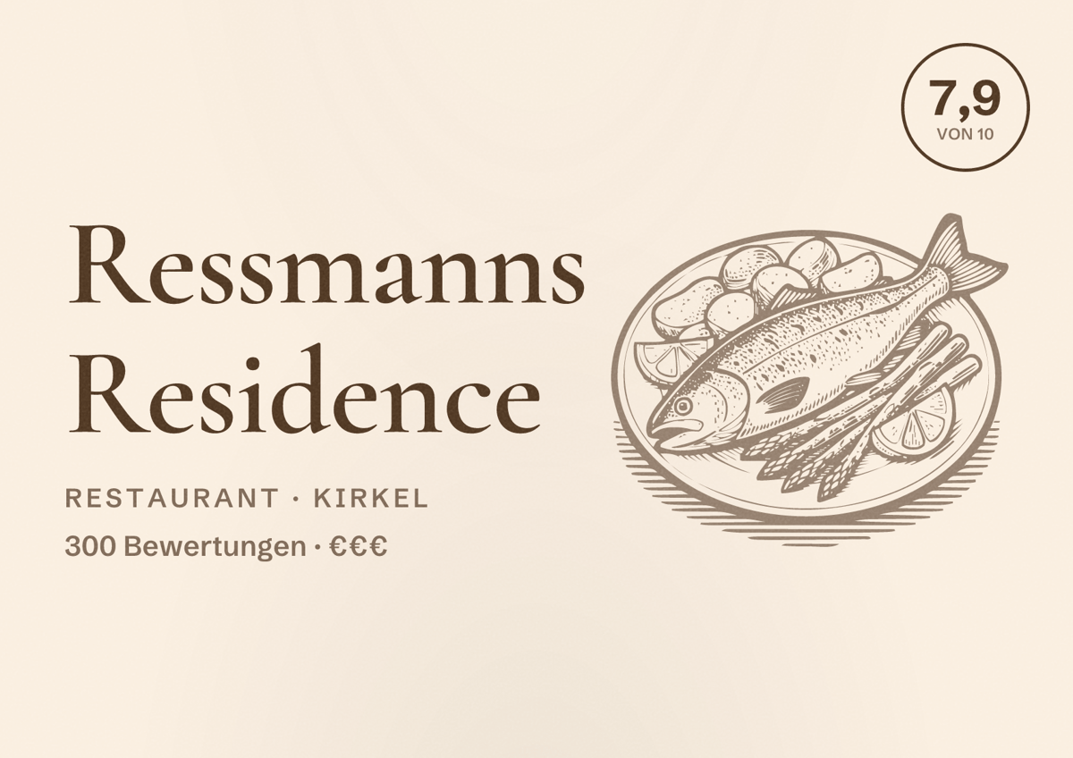 Illustriertes Poster von Ressmanns Residence, Restaurant in Kirkel: Bewertung 7,9 von 10 aus 300 Bewertungen, Preisniveau €€€