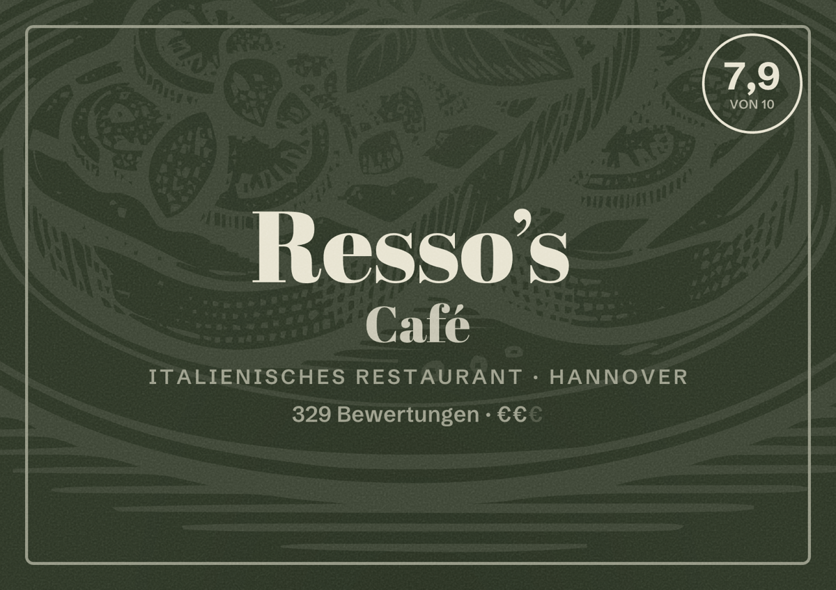 Illustriertes Poster von Resso’s Café, Italienisches Restaurant in Hannover: Bewertung 7,9 von 10 aus 329 Bewertungen, Preisniveau €€