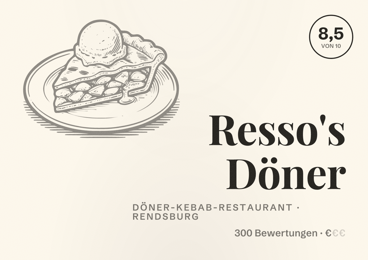 Illustriertes Poster von Resso's Döner, Döner-Kebab-Restaurant in Rendsburg: Bewertung 8,5 von 10 aus 300 Bewertungen, Preisniveau €