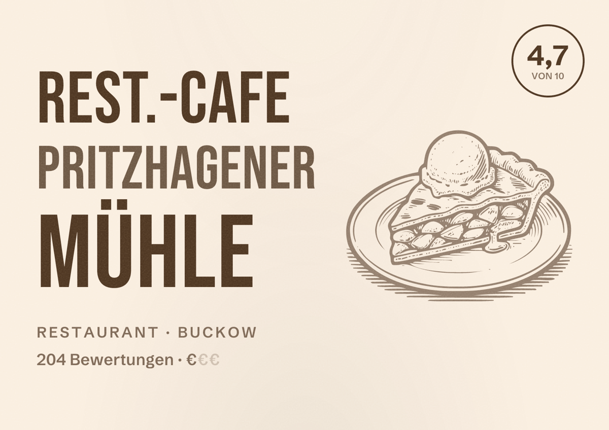 Illustriertes Poster von Rest.-Cafe Pritzhagener Mühle, Restaurant in Buckow: Bewertung 4,7 von 10 aus 204 Bewertungen, Preisniveau €