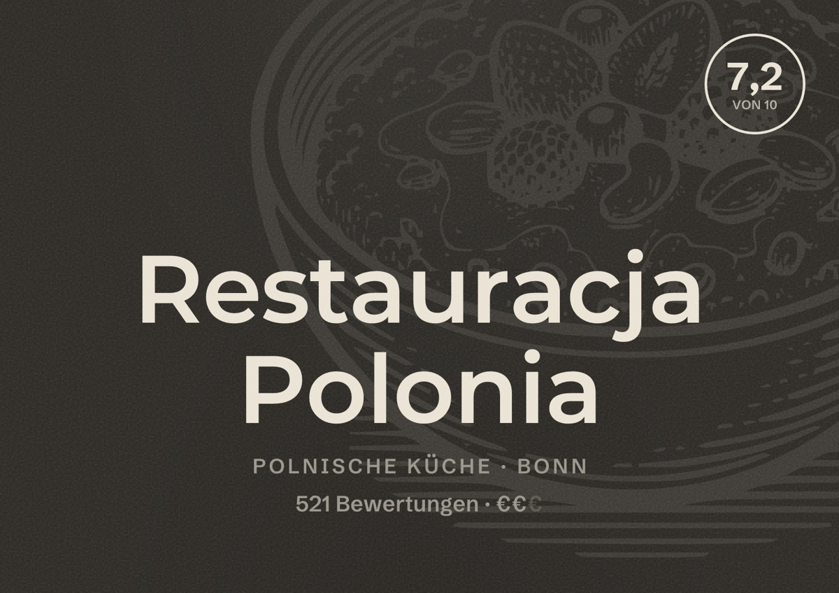 Illustriertes Poster von Restauracja Polonia, Polnische Küche in Bonn: Bewertung 7,2 von 10 aus 521 Bewertungen, Preisniveau €€