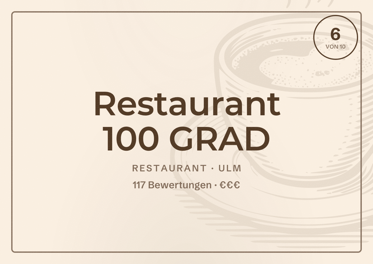 Illustriertes Poster von Restaurant 100 GRAD, Restaurant in Ulm: Bewertung 6 von 10 aus 117 Bewertungen, Preisniveau €€€