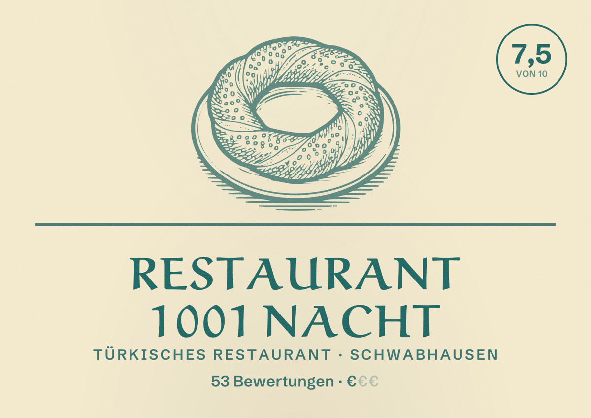 Illustriertes Poster von Restaurant 1001 Nacht, Türkisches Restaurant in Schwabhausen: Bewertung 7,5 von 10 aus 53 Bewertungen, Preisniveau €