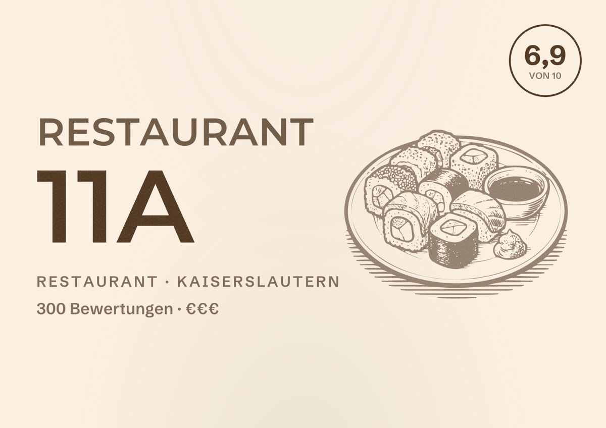 Illustriertes Poster von Restaurant 11A, Restaurant in Kaiserslautern: Bewertung 6,9 von 10 aus 300 Bewertungen, Preisniveau €€€