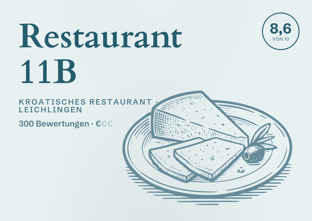 Illustriertes Poster von Restaurant 11B, Kroatisches Restaurant in Leichlingen: Bewertung 8,6 von 10 aus 300 Bewertungen, Preisniveau €