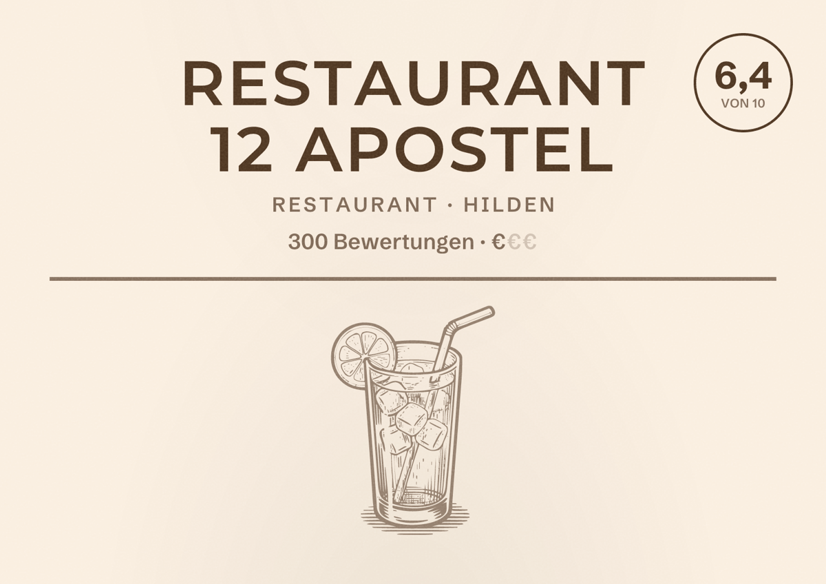 Illustriertes Poster von Restaurant 12 Apostel, Restaurant in Hilden: Bewertung 6,4 von 10 aus 300 Bewertungen, Preisniveau €