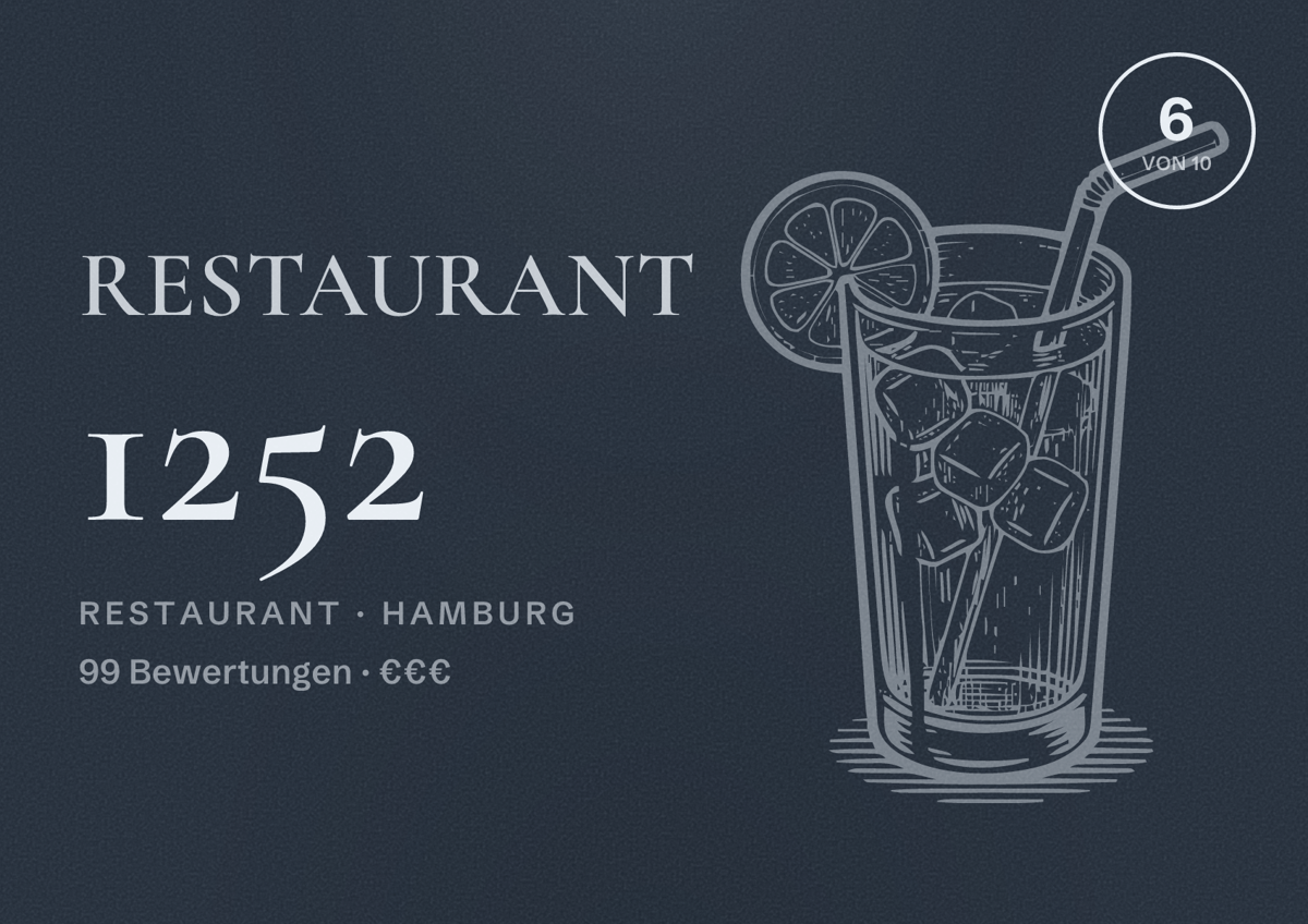 Illustriertes Poster von Restaurant 1252, Restaurant in Hamburg: Bewertung 6 von 10 aus 99 Bewertungen, Preisniveau €€€