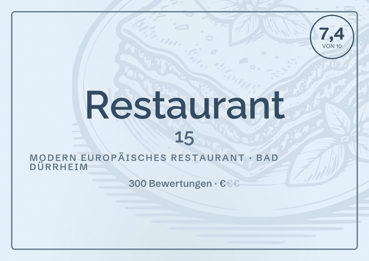 Illustriertes Poster von Restaurant 15, Modern europäisches Restaurant in Bad Dürrheim: Bewertung 7,4 von 10 aus 300 Bewertungen, Preisniveau €