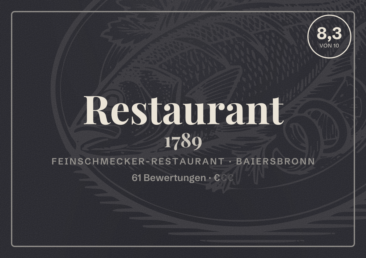 Illustriertes Poster von Restaurant 1789, Feinschmecker-Restaurant in Baiersbronn: Bewertung 8,3 von 10 aus 61 Bewertungen, Preisniveau €