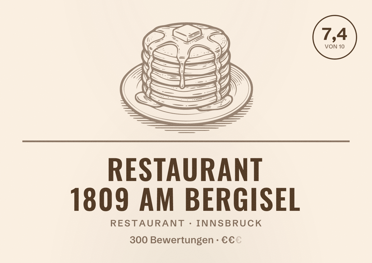 Illustriertes Poster von Restaurant 1809 am Bergisel, Restaurant in Innsbruck: Bewertung 7,4 von 10 aus 300 Bewertungen, Preisniveau €€