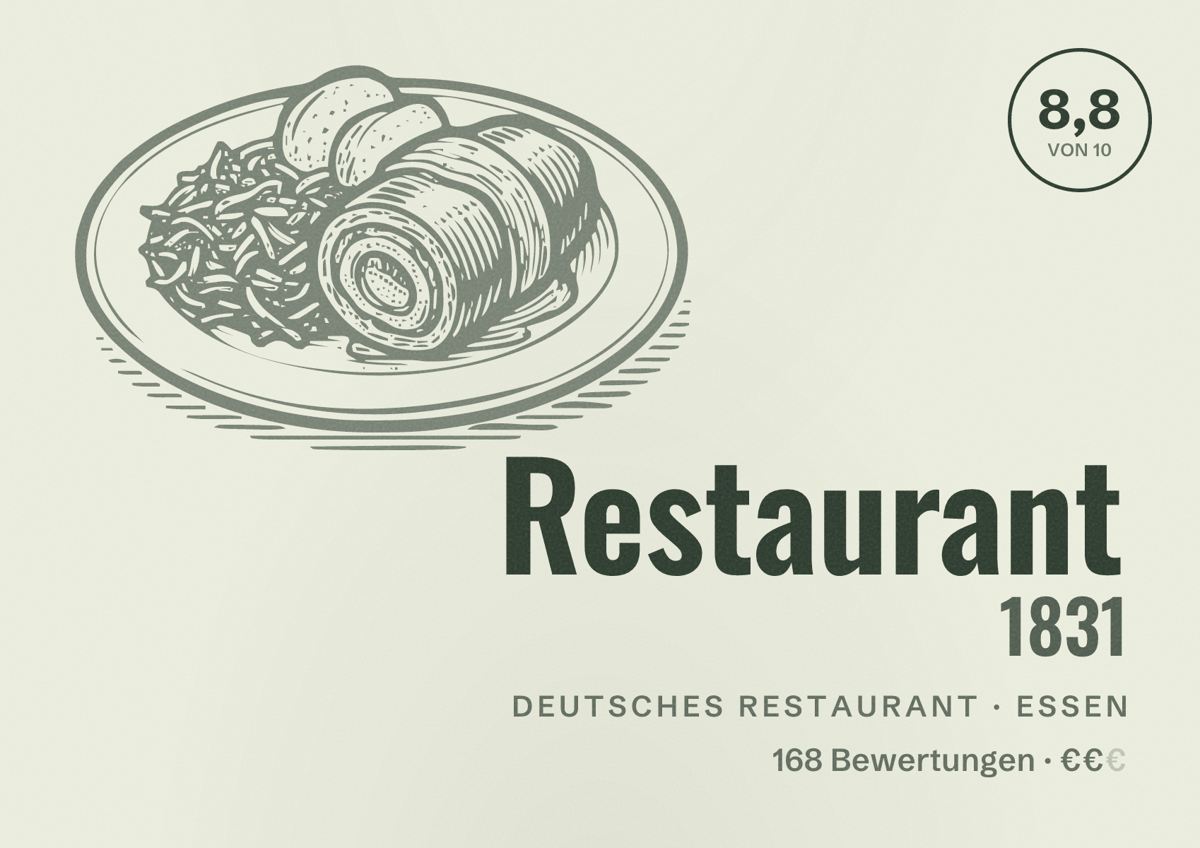 Illustriertes Poster von Restaurant 1831, Deutsches Restaurant in Essen: Bewertung 8,8 von 10 aus 168 Bewertungen, Preisniveau €€