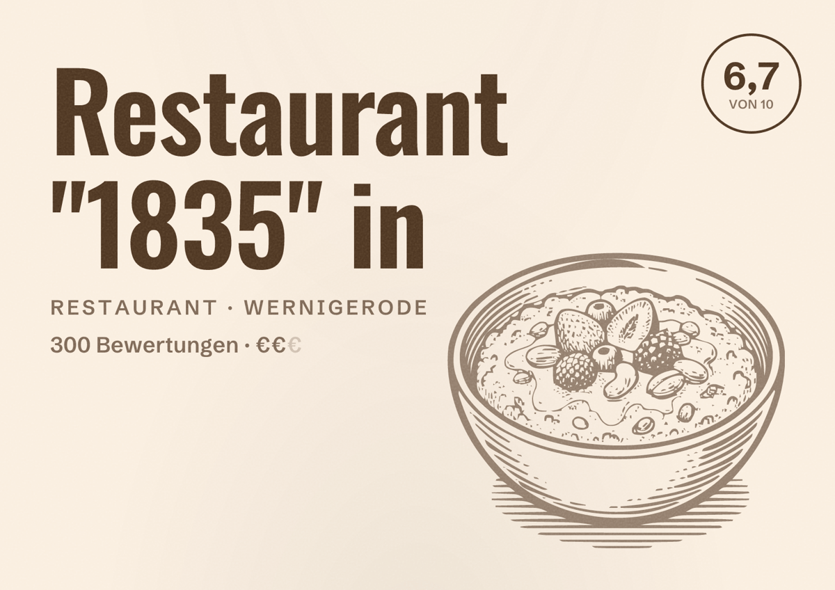 Illustriertes Poster von Restaurant "1835" in, Restaurant in Wernigerode: Bewertung 6,7 von 10 aus 300 Bewertungen, Preisniveau €€