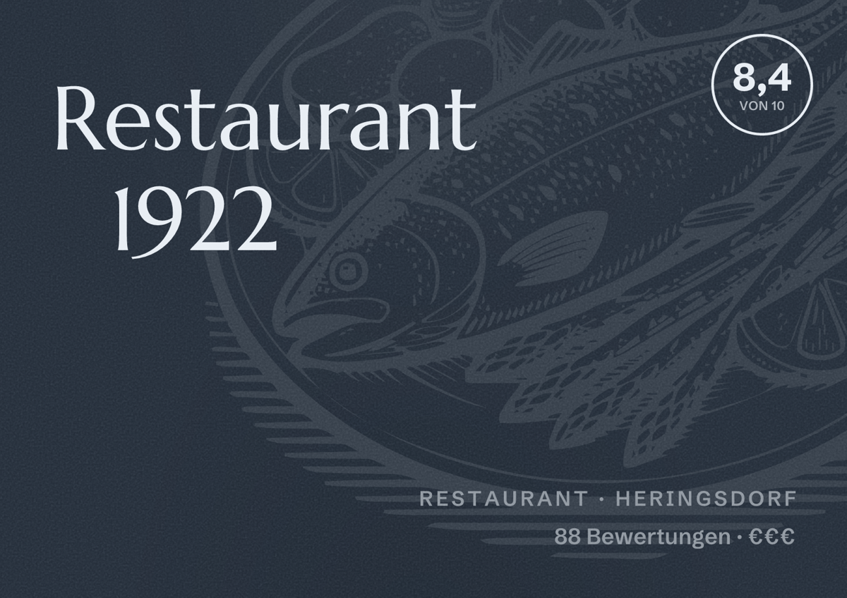 Illustriertes Poster von Restaurant 1922, Restaurant in Heringsdorf: Bewertung 8,4 von 10 aus 88 Bewertungen, Preisniveau €€€