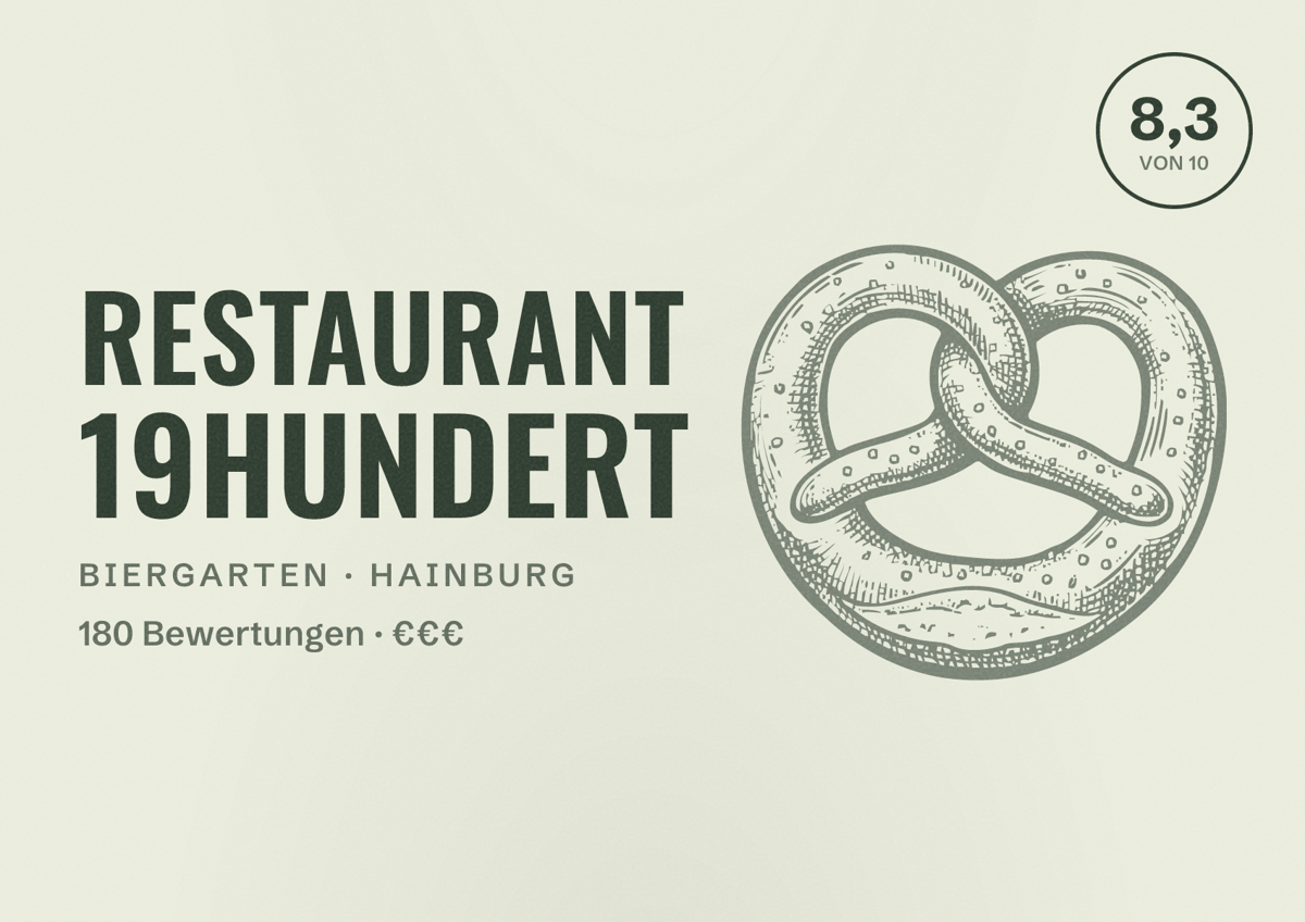 Illustriertes Poster von Restaurant 19hundert, Biergarten in Hainburg: Bewertung 8,3 von 10 aus 180 Bewertungen, Preisniveau €€€