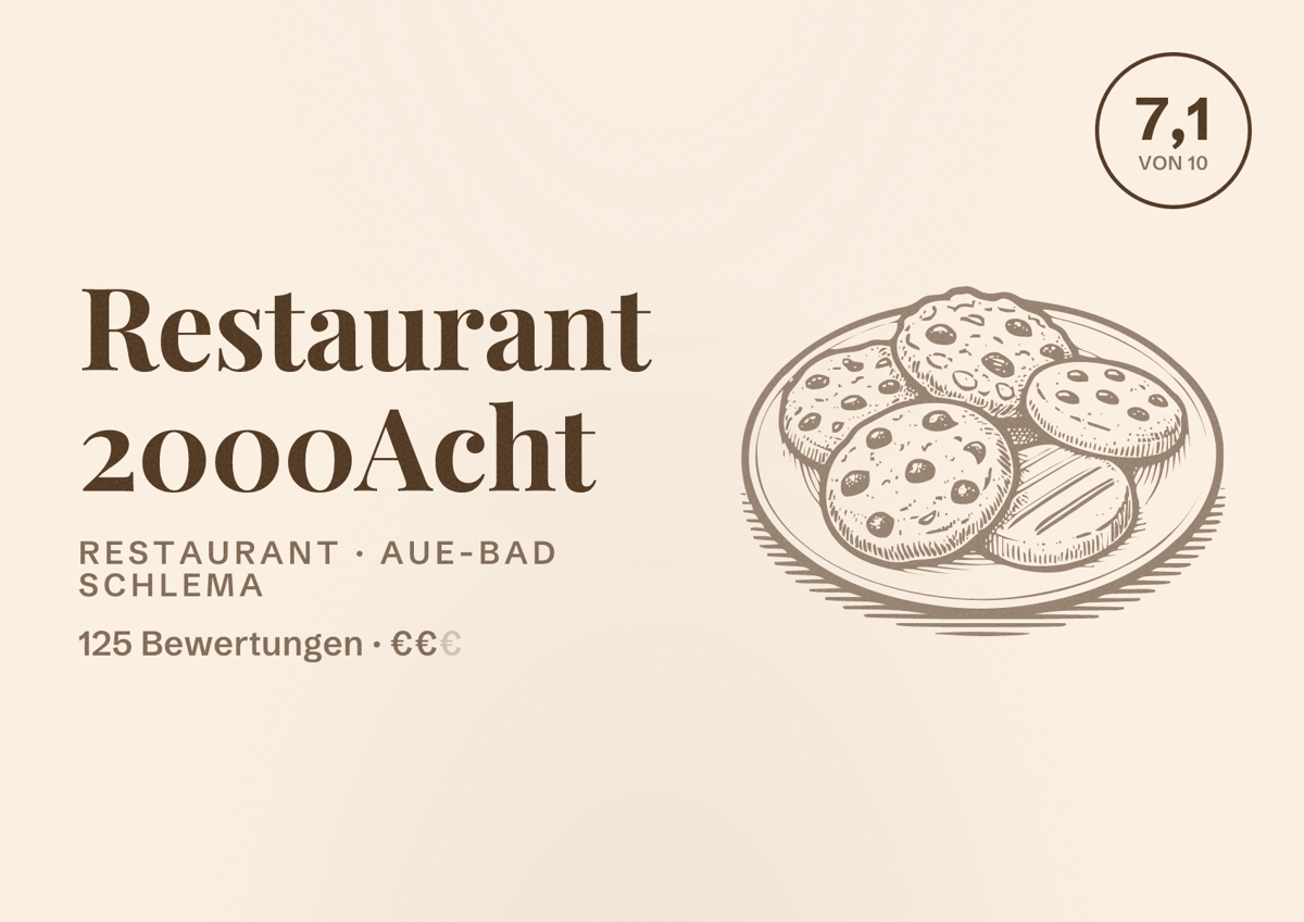 Illustriertes Poster von Restaurant 2000Acht, Restaurant in Aue-Bad Schlema: Bewertung 7,1 von 10 aus 125 Bewertungen, Preisniveau €€