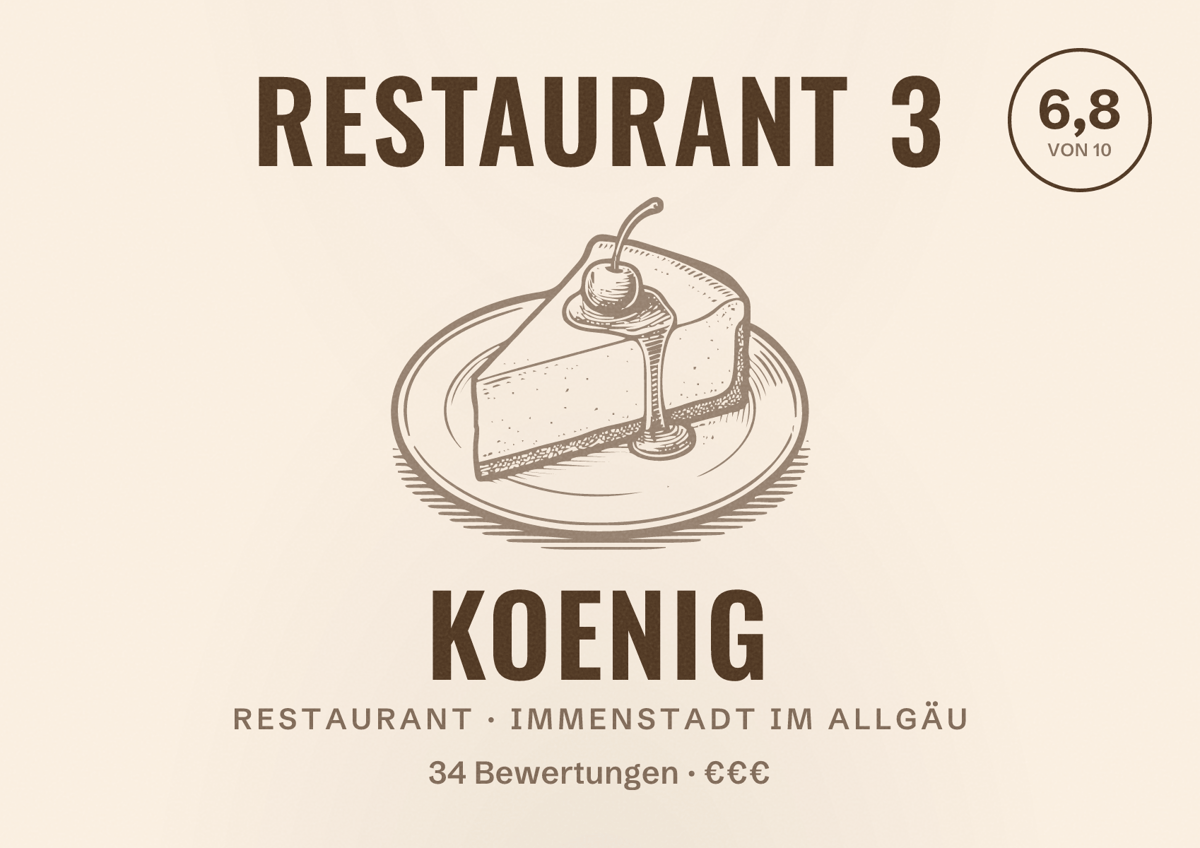 Illustriertes Poster von Restaurant 3 koenig, Restaurant in Immenstadt im Allgäu: Bewertung 6,8 von 10 aus 34 Bewertungen, Preisniveau €€€