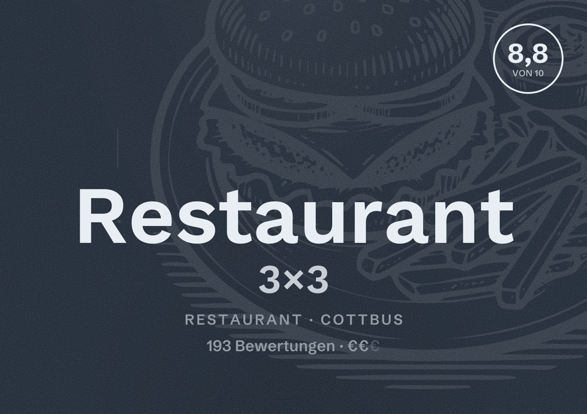 Illustriertes Poster von Restaurant 3×3, Restaurant in Cottbus: Bewertung 8,8 von 10 aus 193 Bewertungen, Preisniveau €€