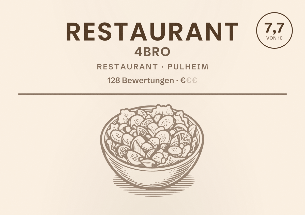 Illustriertes Poster von Restaurant 4BRO, Restaurant in Pulheim: Bewertung 7,7 von 10 aus 128 Bewertungen, Preisniveau €