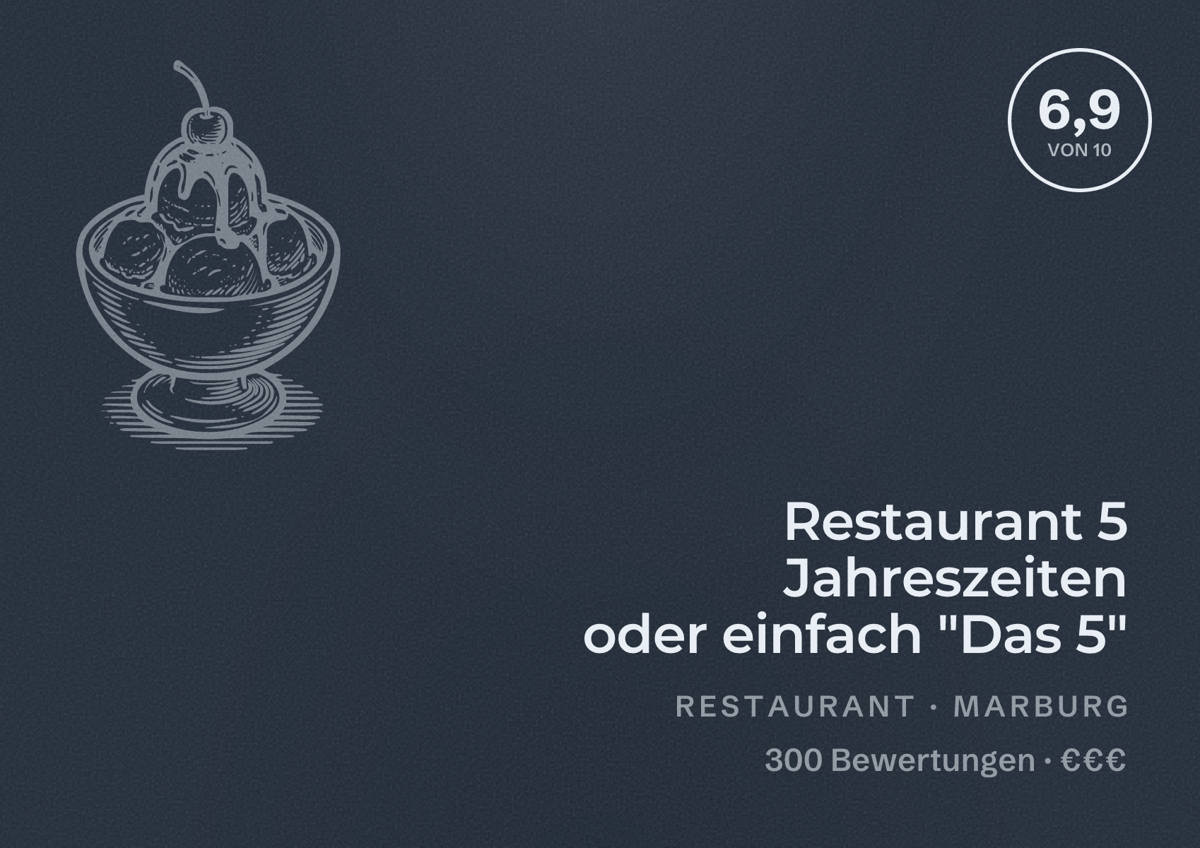 Illustriertes Poster von Restaurant 5 Jahreszeiten oder einfach "Das 5", Restaurant in Marburg: Bewertung 6,9 von 10 aus 300 Bewertungen, Preisniveau €€€