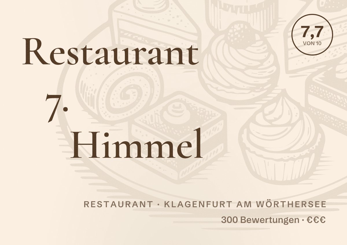 Illustriertes Poster von Restaurant 7. Himmel, Restaurant in Klagenfurt am Wörthersee: Bewertung 7,7 von 10 aus 300 Bewertungen, Preisniveau €€€