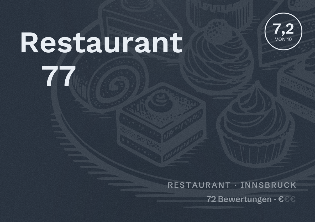 Illustriertes Poster von Restaurant 77, Restaurant in Innsbruck: Bewertung 7,2 von 10 aus 72 Bewertungen, Preisniveau €