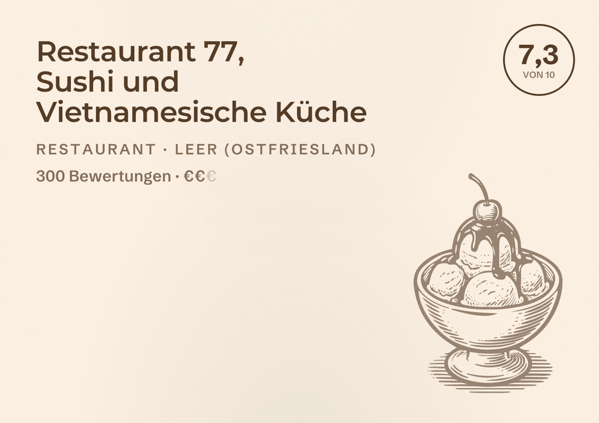 Illustriertes Poster von Restaurant 77, Sushi und Vietnamesische Küche, Restaurant in Leer (Ostfriesland): Bewertung 7,3 von 10 aus 300 Bewertungen, Preisniveau €€