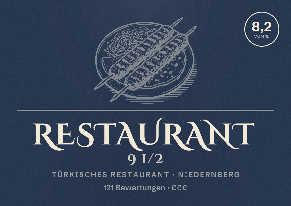 Illustriertes Poster von Restaurant 9 1/2, Türkisches Restaurant in Niedernberg: Bewertung 8,2 von 10 aus 121 Bewertungen, Preisniveau €€€