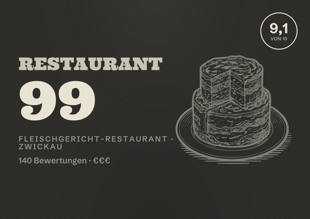 Illustriertes Poster von Restaurant 99, Fleischgericht-Restaurant in Zwickau: Bewertung 9,1 von 10 aus 140 Bewertungen, Preisniveau €€€