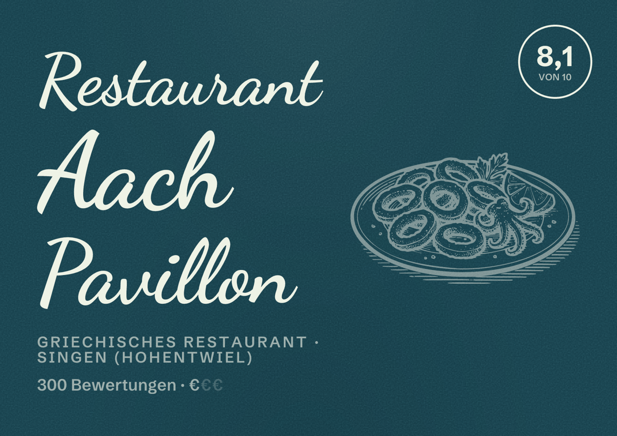 Illustriertes Poster von Restaurant Aach Pavillon, Griechisches Restaurant in Singen (Hohentwiel): Bewertung 8,1 von 10 aus 300 Bewertungen, Preisniveau €