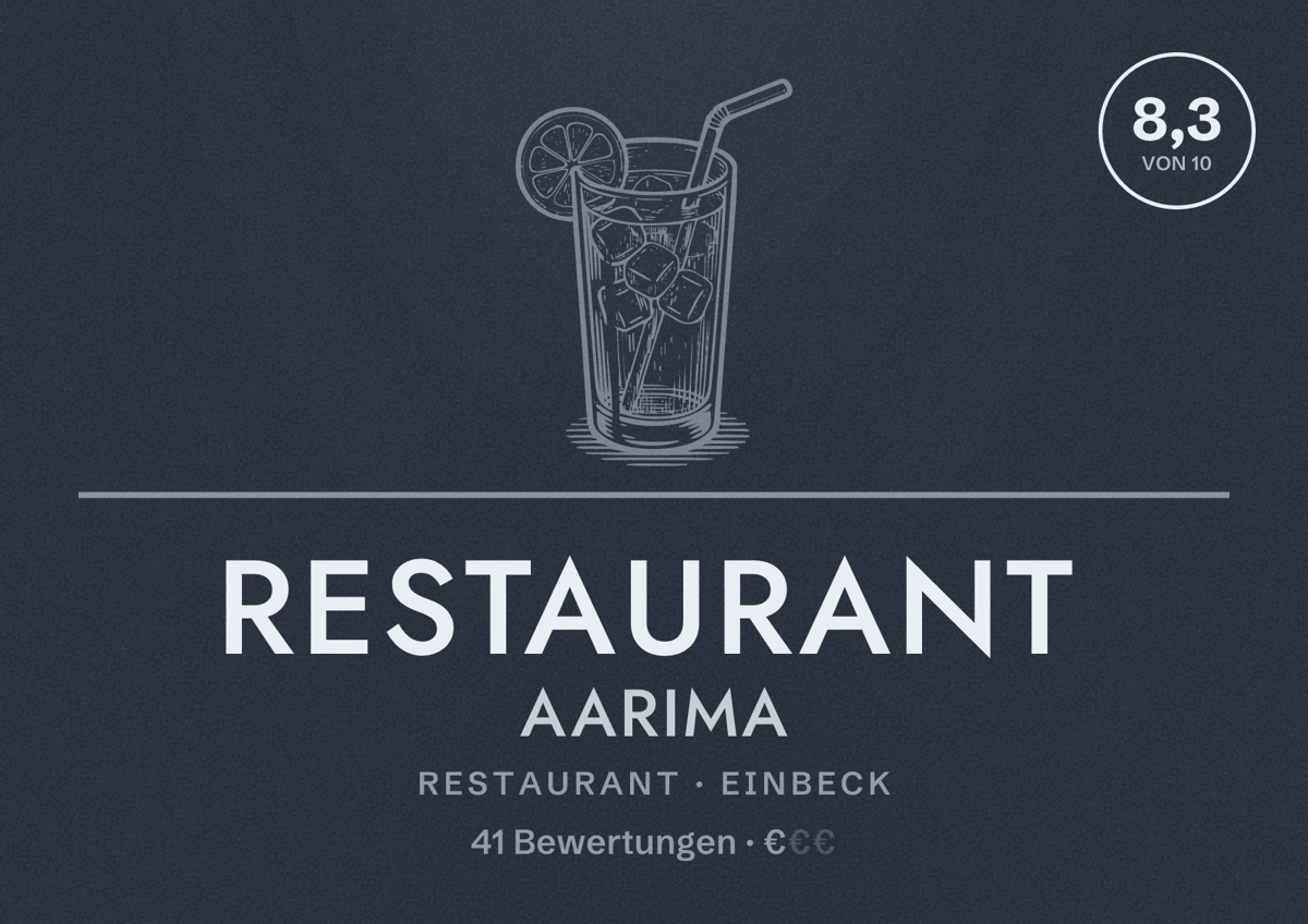Illustriertes Poster von Restaurant Aarima, Restaurant in Einbeck: Bewertung 8,3 von 10 aus 41 Bewertungen, Preisniveau €