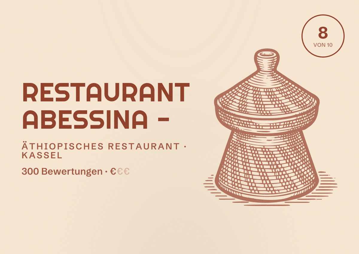 Illustriertes Poster von Restaurant Abessina -, Äthiopisches Restaurant in Kassel: Bewertung 8 von 10 aus 300 Bewertungen, Preisniveau €