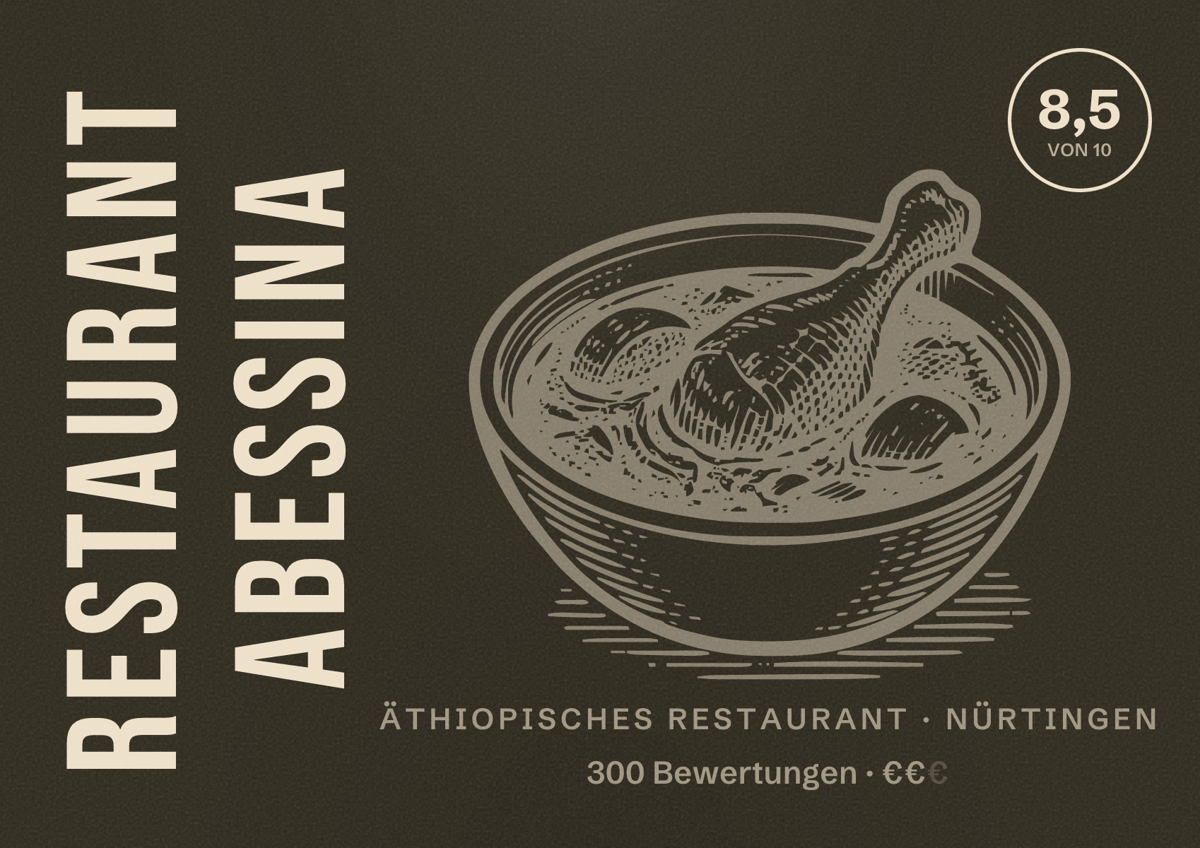 Illustriertes Poster von Restaurant Abessina, Äthiopisches Restaurant in Nürtingen: Bewertung 8,5 von 10 aus 300 Bewertungen, Preisniveau €€