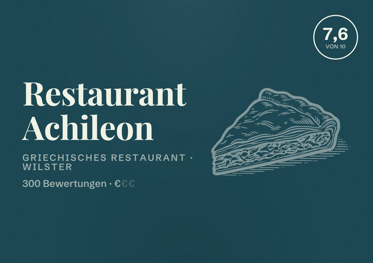 Illustriertes Poster von Restaurant Achileon, Griechisches Restaurant in Wilster: Bewertung 7,6 von 10 aus 300 Bewertungen, Preisniveau €