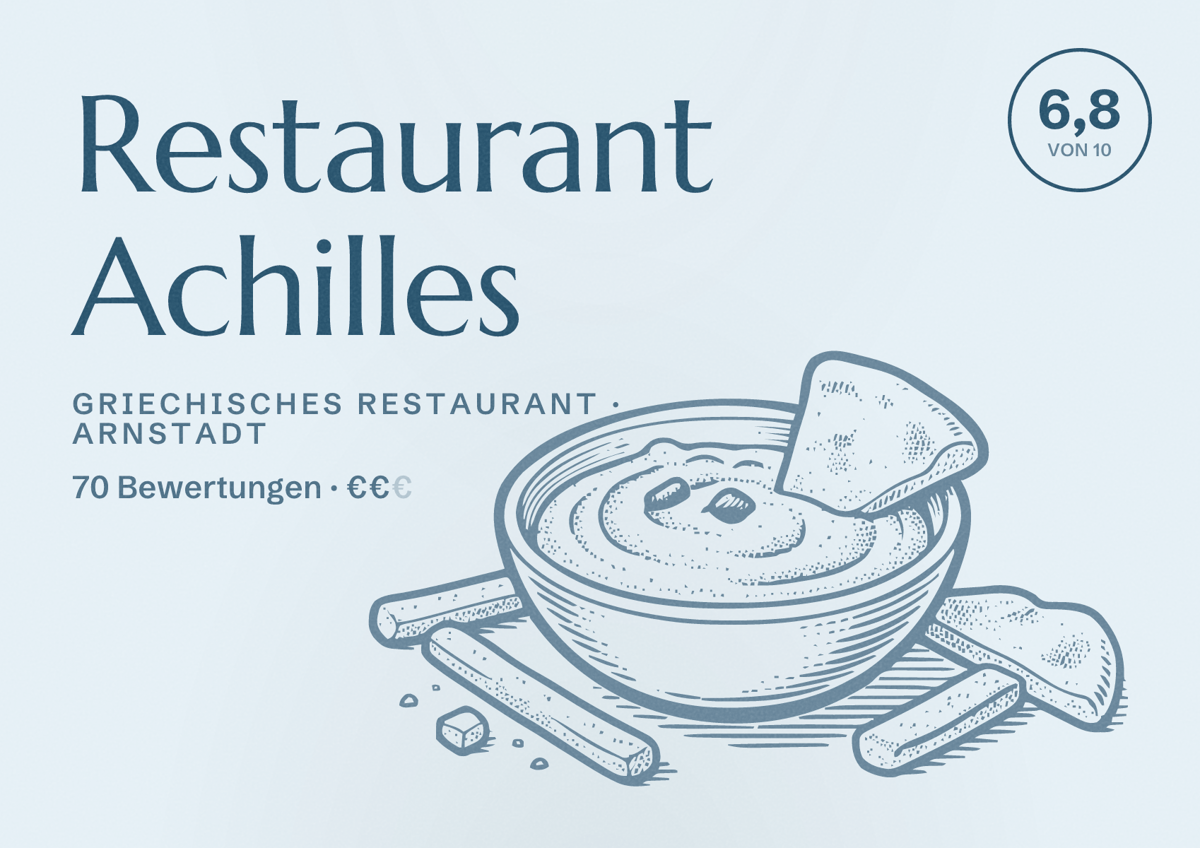 Illustriertes Poster von Restaurant Achilles, Griechisches Restaurant in Arnstadt: Bewertung 6,8 von 10 aus 70 Bewertungen, Preisniveau €€
