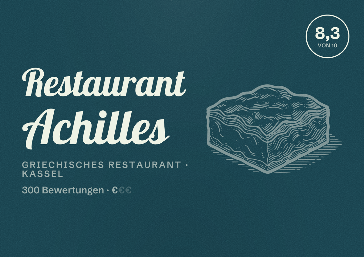 Illustriertes Poster von Restaurant Achilles, Griechisches Restaurant in Kassel: Bewertung 8,3 von 10 aus 300 Bewertungen, Preisniveau €