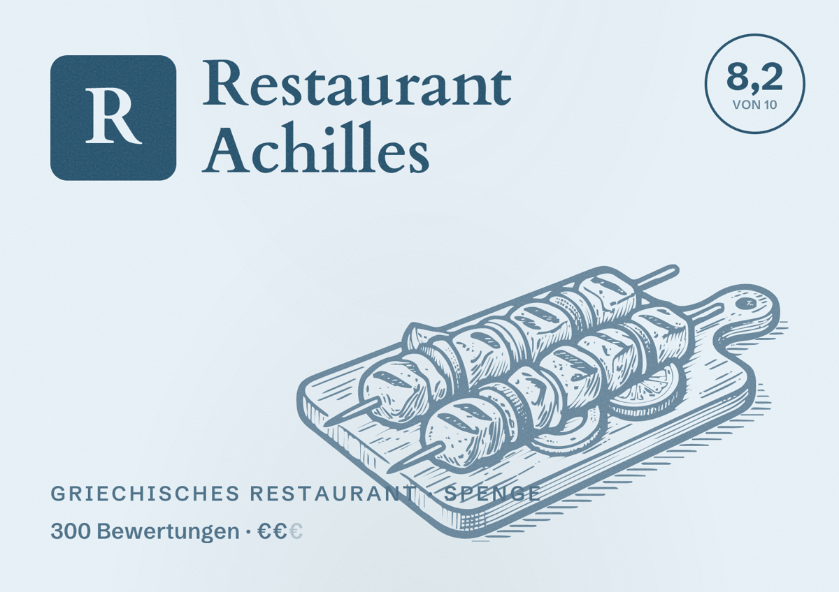 Illustriertes Poster von Restaurant Achilles, Griechisches Restaurant in Spenge: Bewertung 8,2 von 10 aus 300 Bewertungen, Preisniveau €€