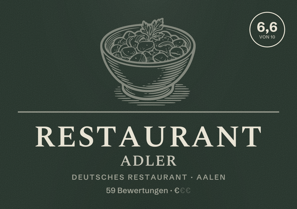 Illustriertes Poster von Restaurant Adler, Deutsches Restaurant in Aalen: Bewertung 6,6 von 10 aus 59 Bewertungen, Preisniveau €