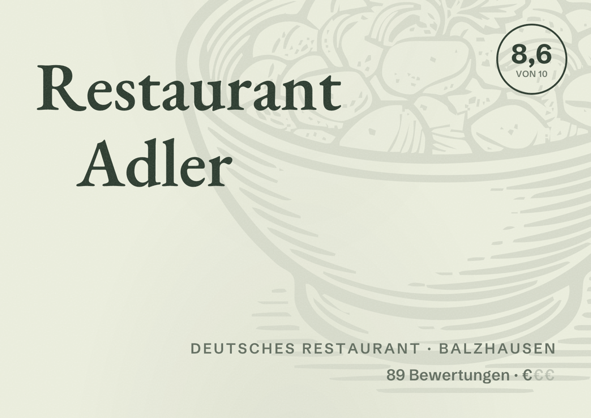 Illustriertes Poster von Restaurant Adler, Deutsches Restaurant in Balzhausen: Bewertung 8,6 von 10 aus 89 Bewertungen, Preisniveau €