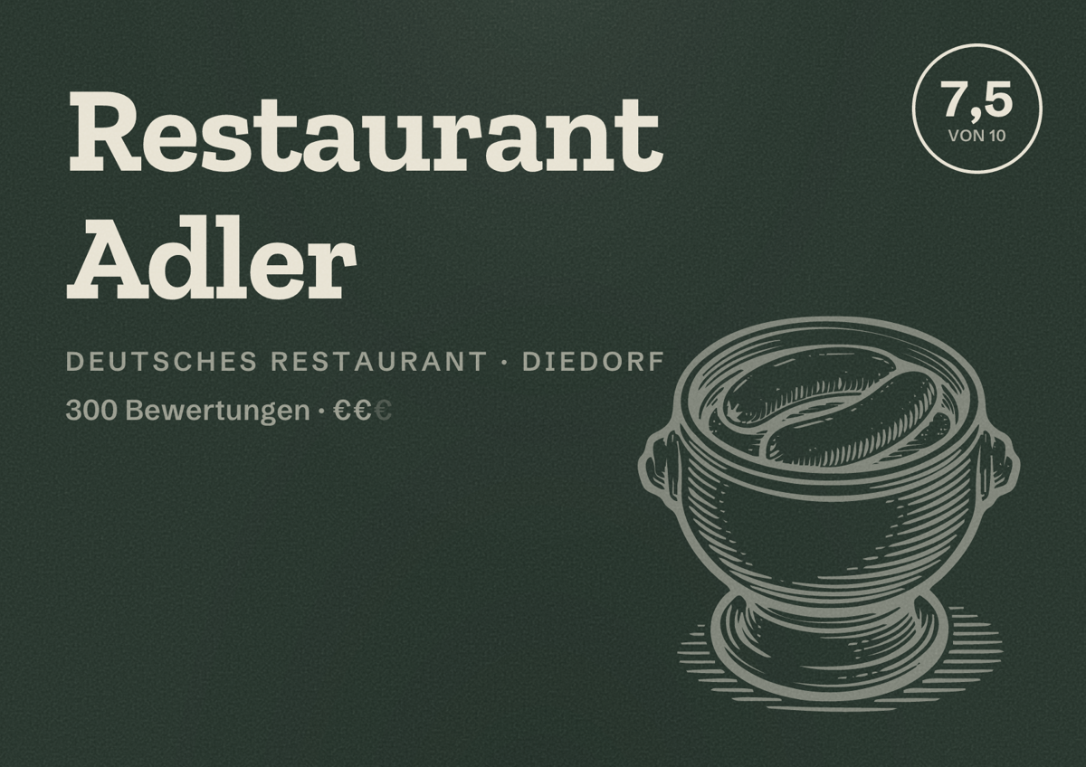 Illustriertes Poster von Restaurant Adler, Deutsches Restaurant in Diedorf: Bewertung 7,5 von 10 aus 300 Bewertungen, Preisniveau €€