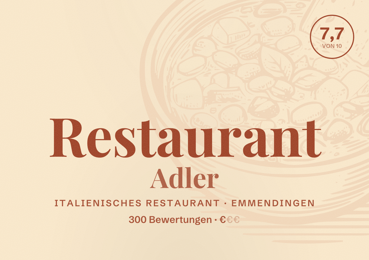 Illustriertes Poster von Restaurant Adler, Italienisches Restaurant in Emmendingen: Bewertung 7,7 von 10 aus 300 Bewertungen, Preisniveau €