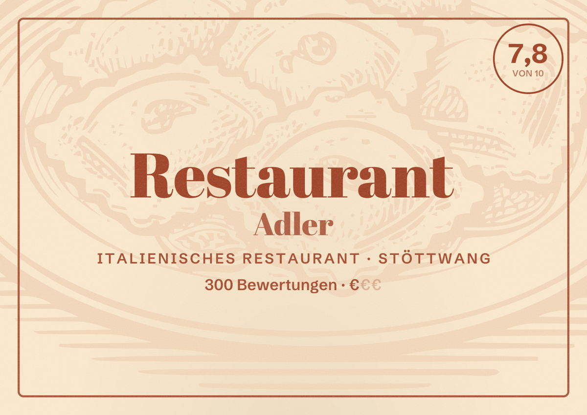 Illustriertes Poster von Restaurant Adler, Italienisches Restaurant in Stöttwang: Bewertung 7,8 von 10 aus 300 Bewertungen, Preisniveau €