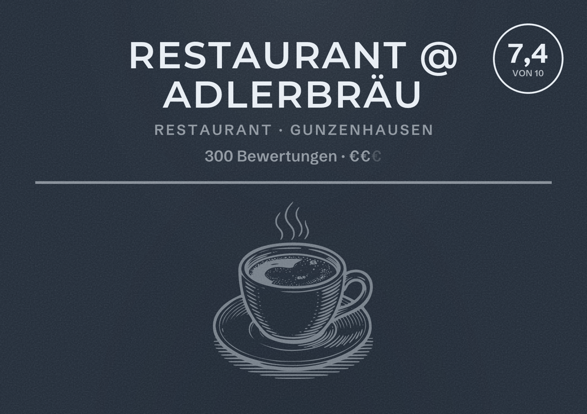 Illustriertes Poster von Restaurant @ Adlerbräu, Restaurant in Gunzenhausen: Bewertung 7,4 von 10 aus 300 Bewertungen, Preisniveau €€