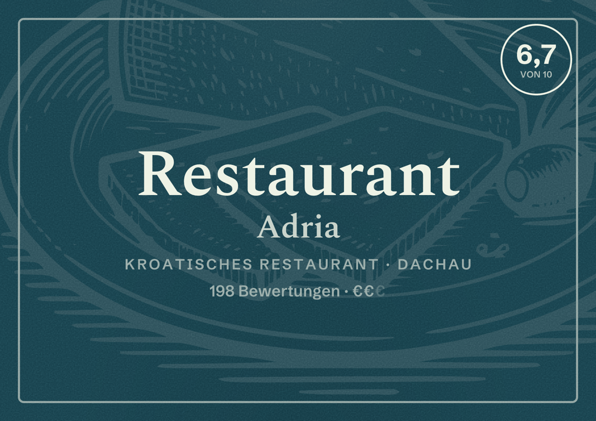 Illustriertes Poster von Restaurant Adria, Kroatisches Restaurant in Dachau: Bewertung 6,7 von 10 aus 198 Bewertungen, Preisniveau €€