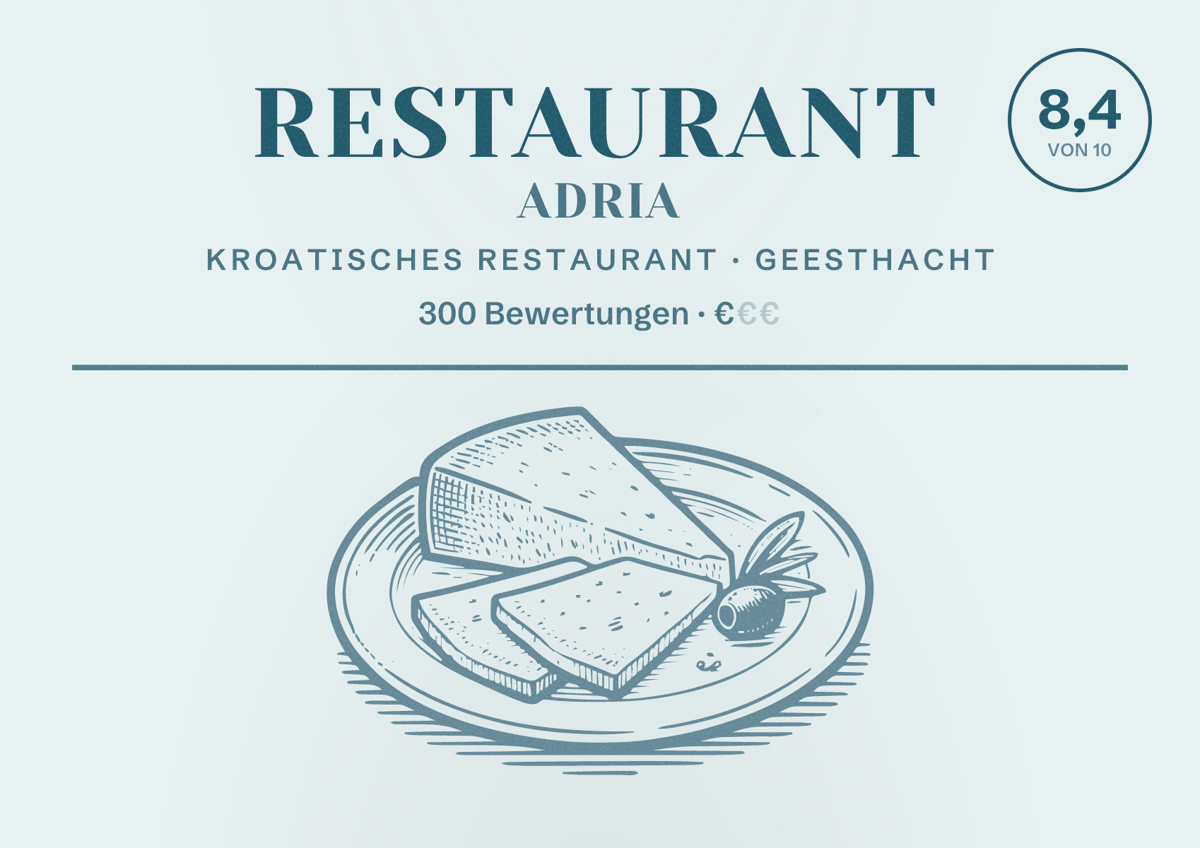 Illustriertes Poster von Restaurant Adria, Kroatisches Restaurant in Geesthacht: Bewertung 8,4 von 10 aus 300 Bewertungen, Preisniveau €