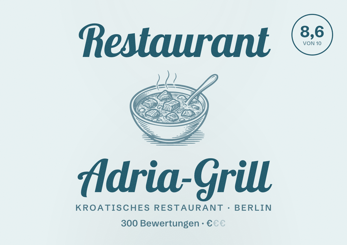 Illustriertes Poster von Restaurant Adria-Grill, Kroatisches Restaurant in Berlin: Bewertung 8,6 von 10 aus 300 Bewertungen, Preisniveau €