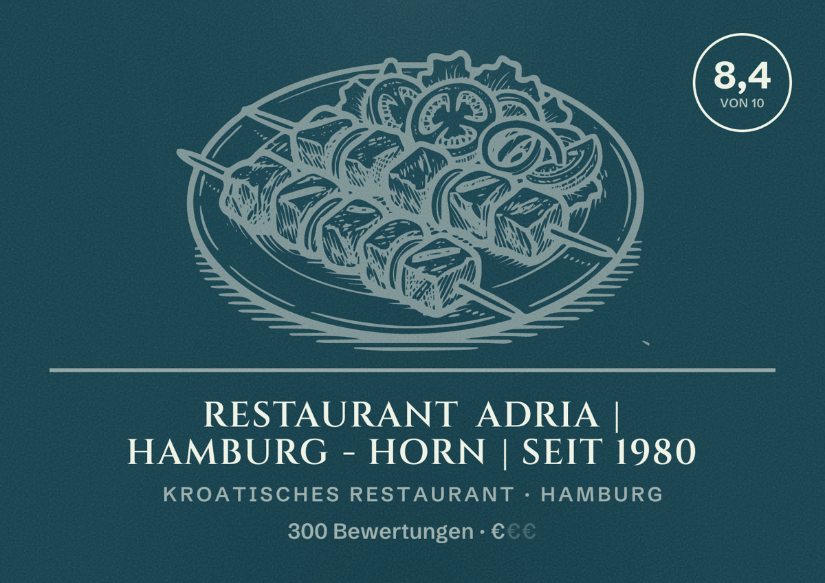 Illustriertes Poster von Restaurant Adria | Hamburg - Horn | Seit 1980, Kroatisches Restaurant in Hamburg: Bewertung 8,4 von 10 aus 300 Bewertungen, Preisniveau €